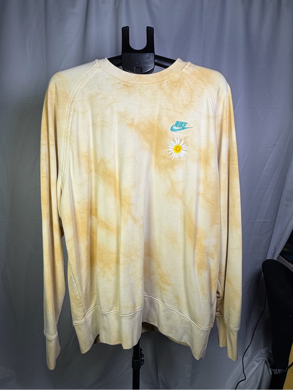 Nike Pale Yellow Tie-Dye Crewneck with Teal Swoosh & Daisy